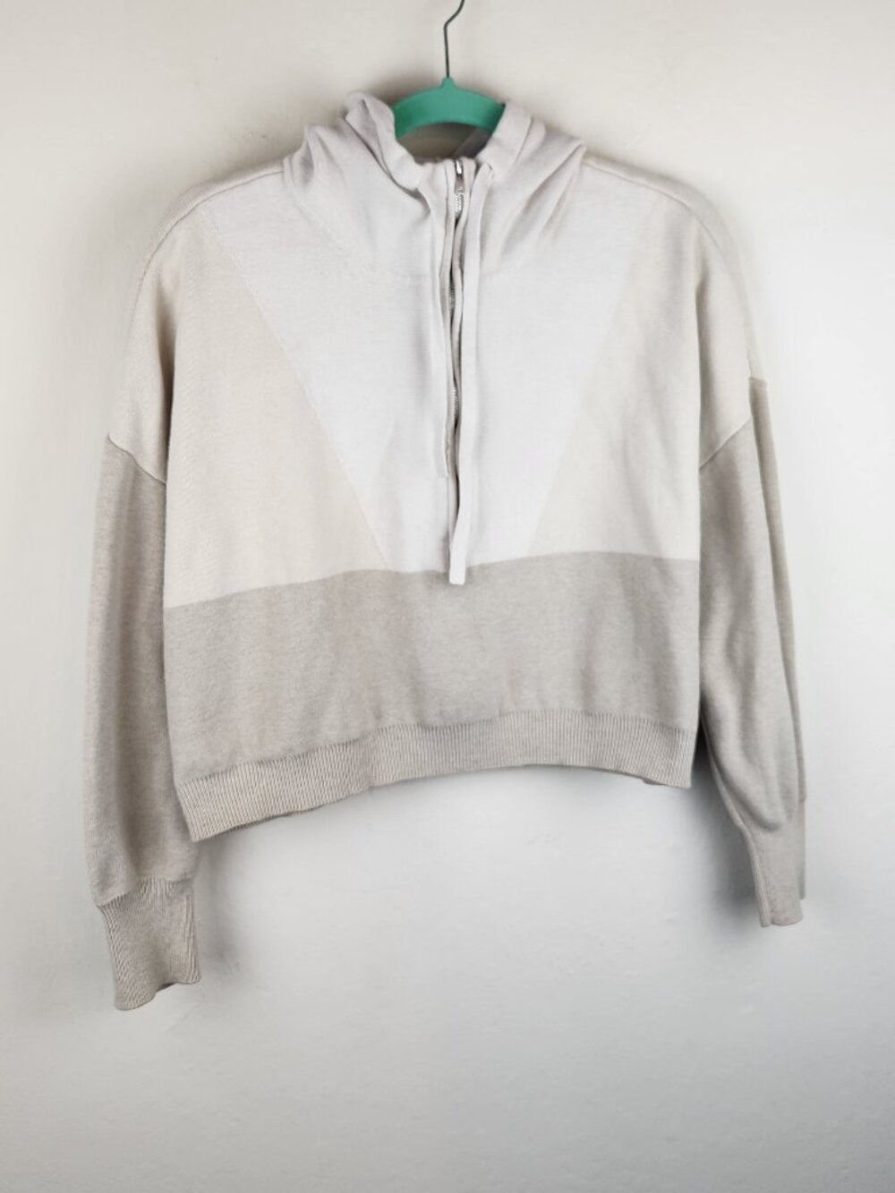 Naadam Cotton Silk Blend Knit Half-Zip Hoodie Neutral Colorblock sz L